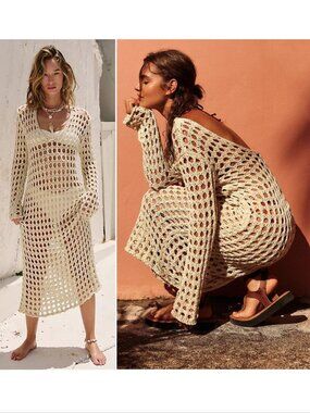 FREE PEOPLE Beach Sahara Sweater Midi Cover up DRESS Size S Cream Seed Pearl NEW